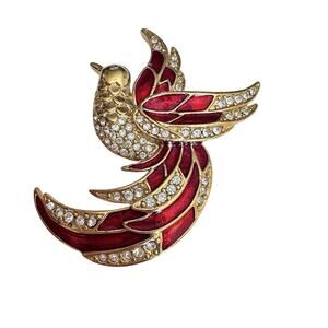 Vintage Giorgio Gold tone with Red Enamel & Clear Crystals Bird BROOCH